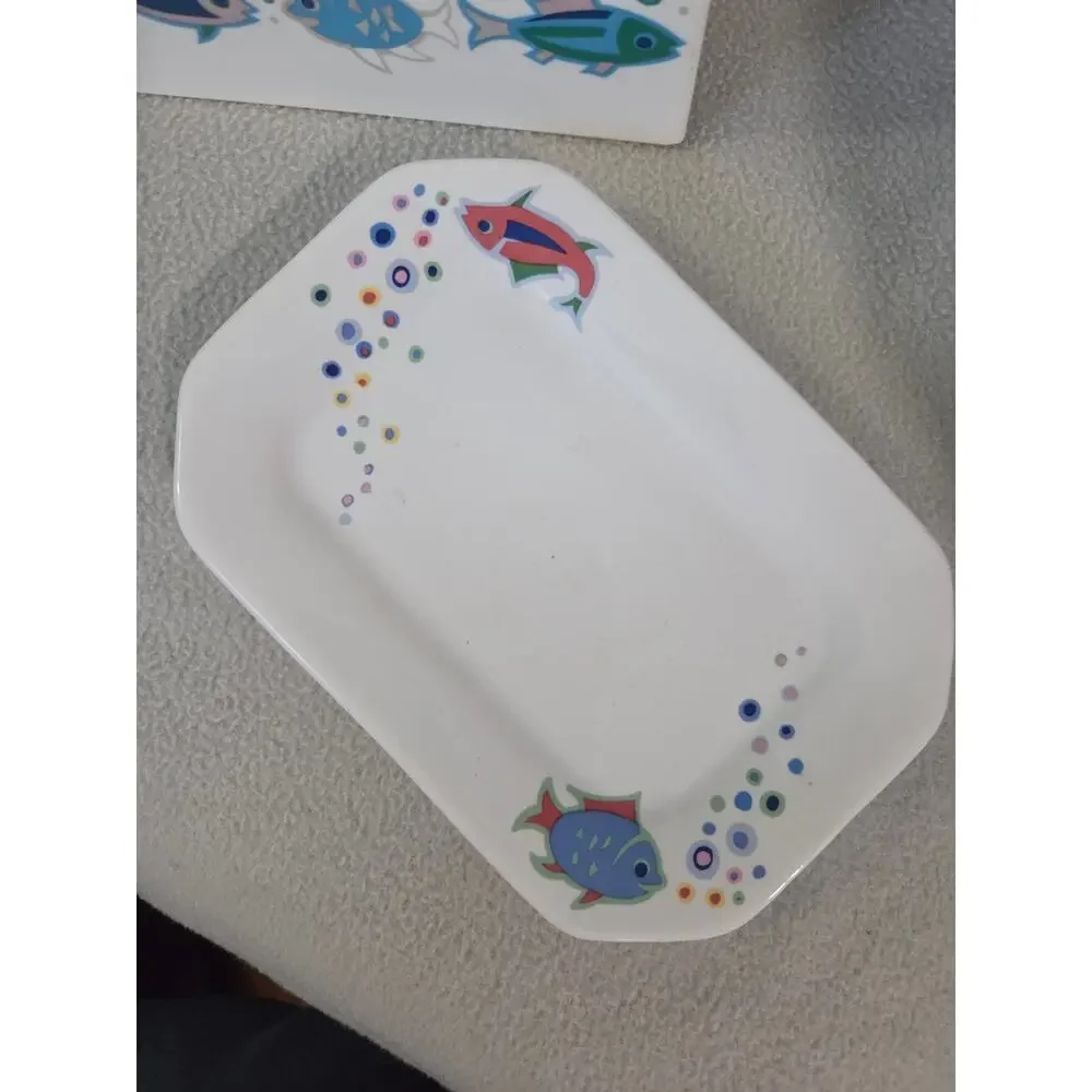 Set 2 Bathroom Accessories Fish Bubble Tissue Soap Dish Porcelain Marked M Blue